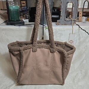 Aqua Brown Faux Leather And Fleece Tote Bag Purse